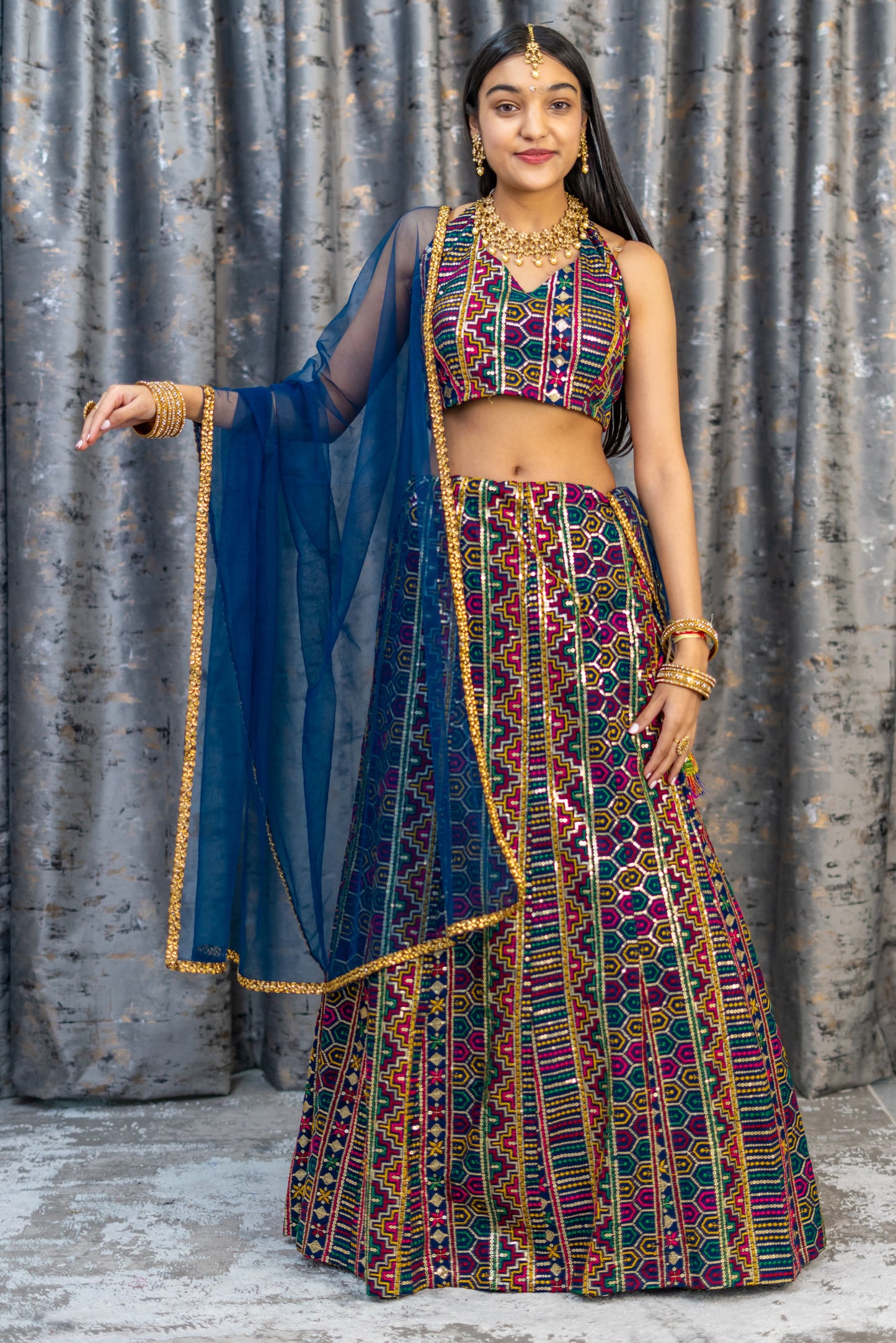 Royal Blue Cotton Lehenga Set with Embroidery