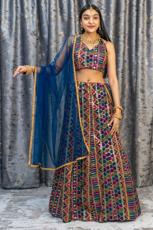 Royal Blue Cotton Lehenga Set with Embroidery