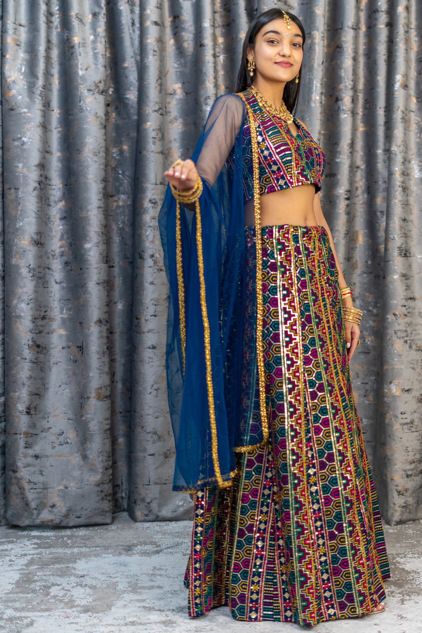 Royal Blue Cotton Lehenga Set with Embroidery