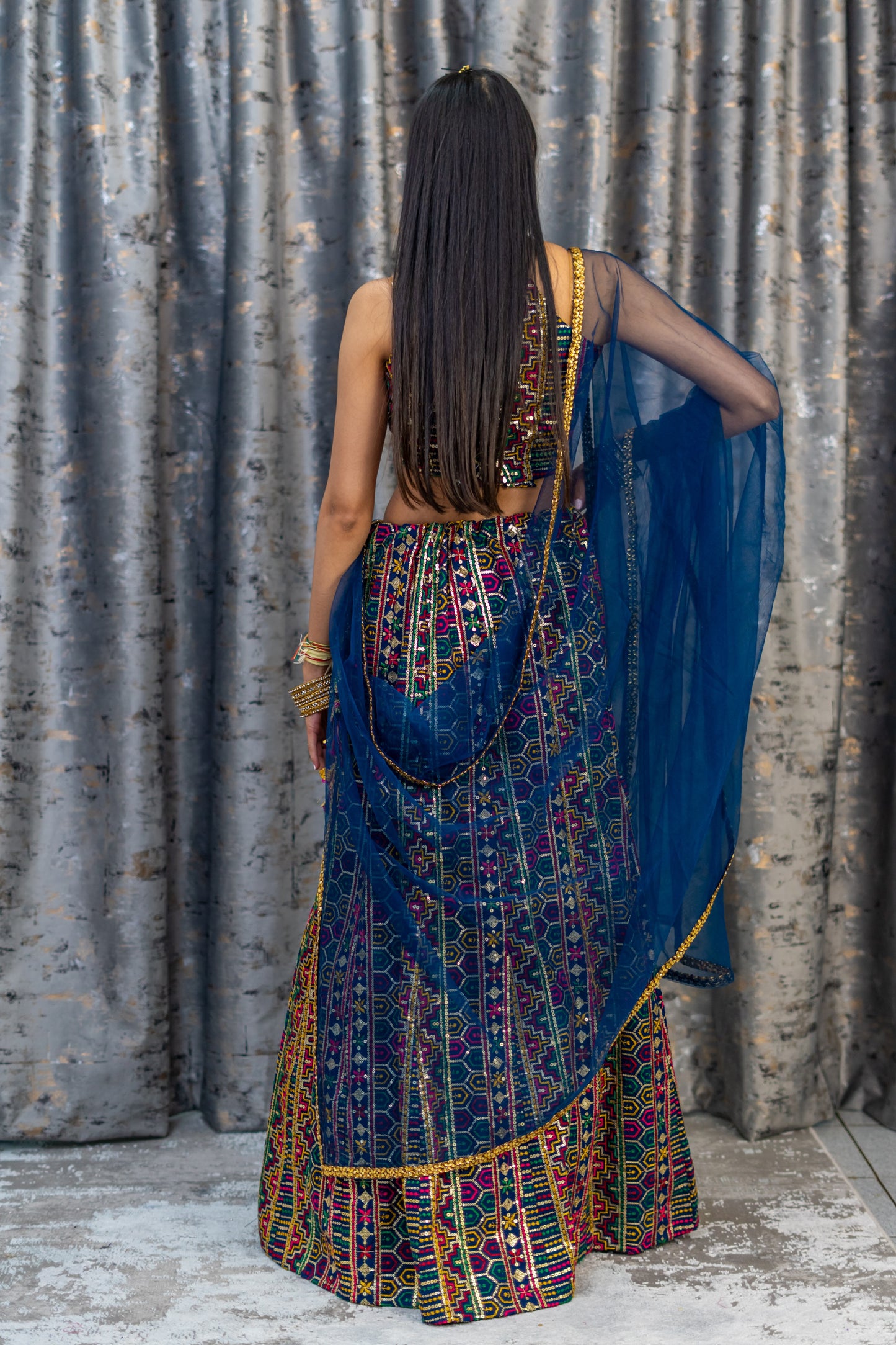 Royal Blue Cotton Lehenga Set with Embroidery