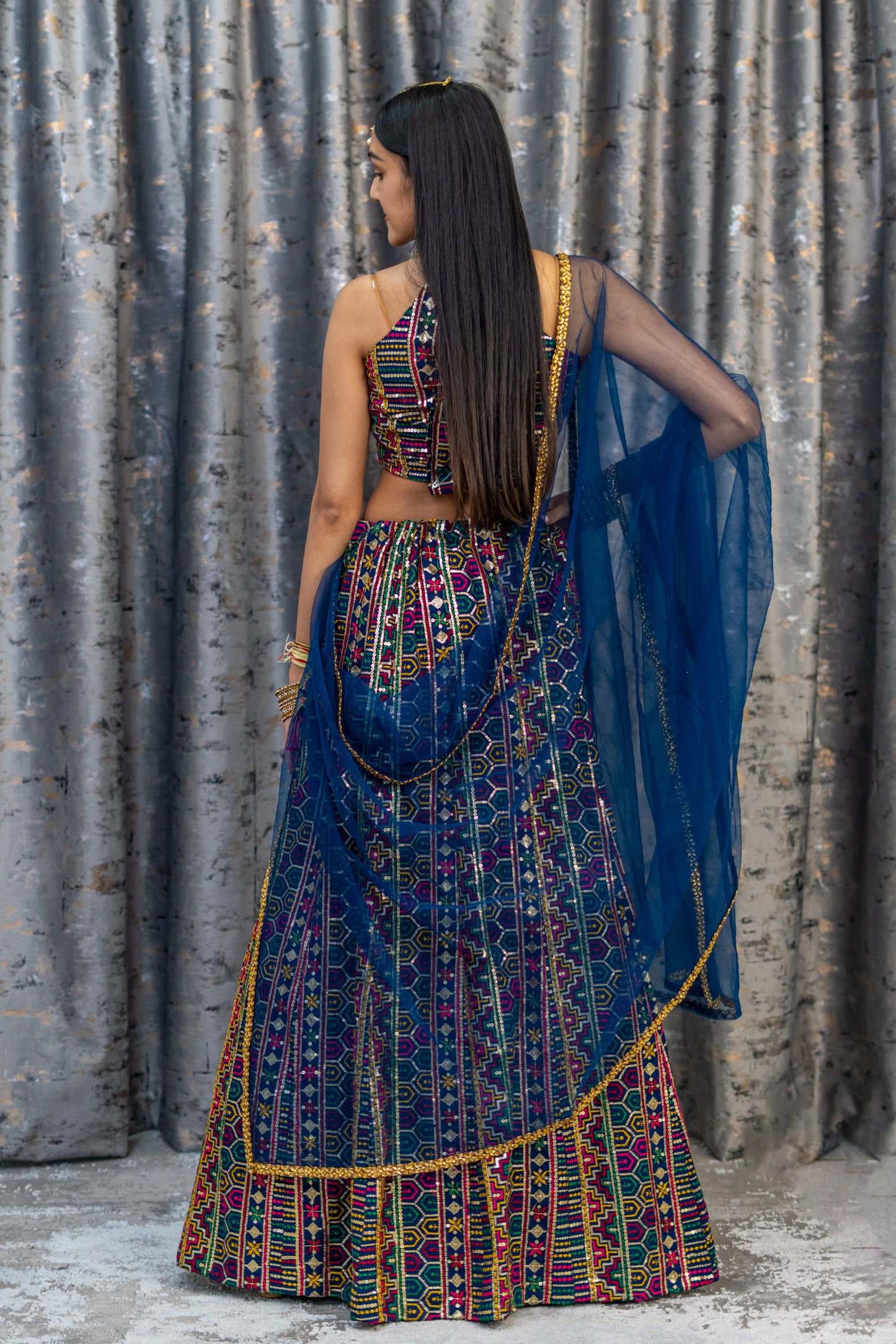Royal Blue Cotton Lehenga Set with Embroidery
