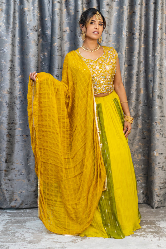 Green & Yellow Chiffon Lehenga Set