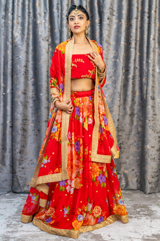 Red Floral Organza Unstitched Lehenga Set