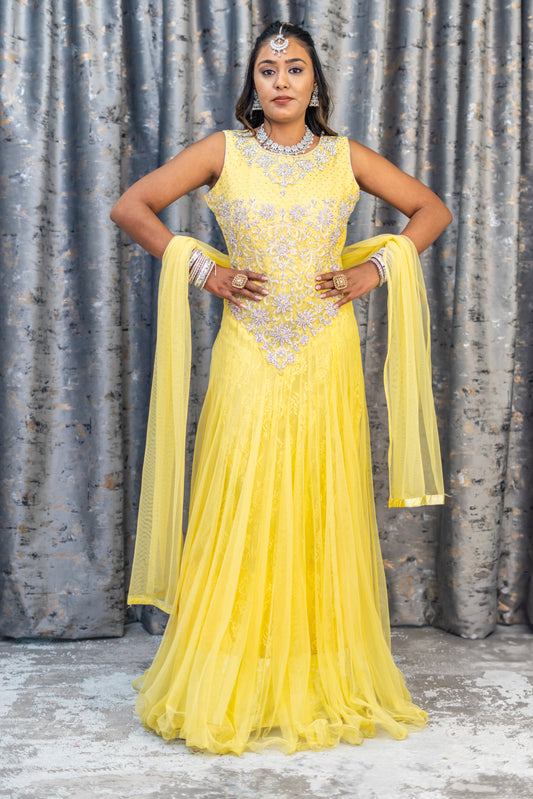 Yellow Net Punjabi Set with Swarovski Stone Work