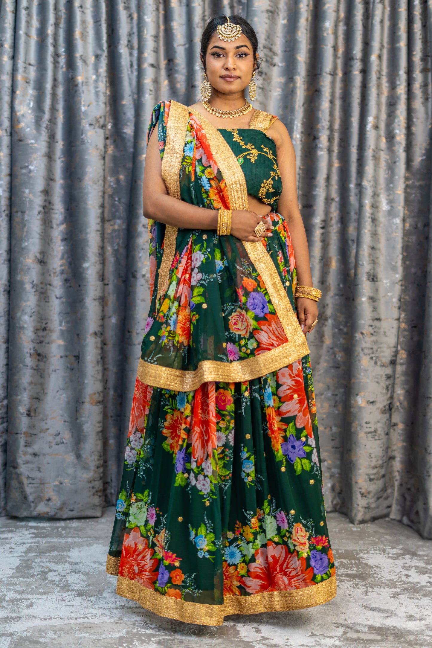Green Floral Organza Unstitched Lehenga Set