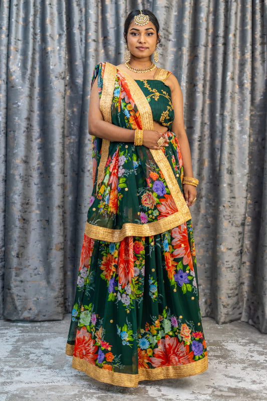 Green Floral Organza Unstitched Lehenga Set