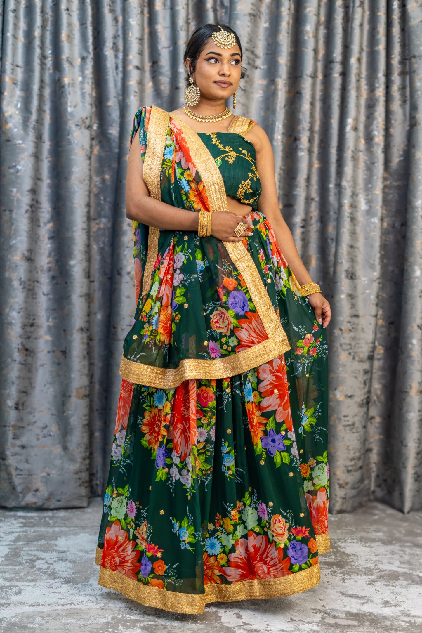 Green Floral Organza Unstitched Lehenga Set