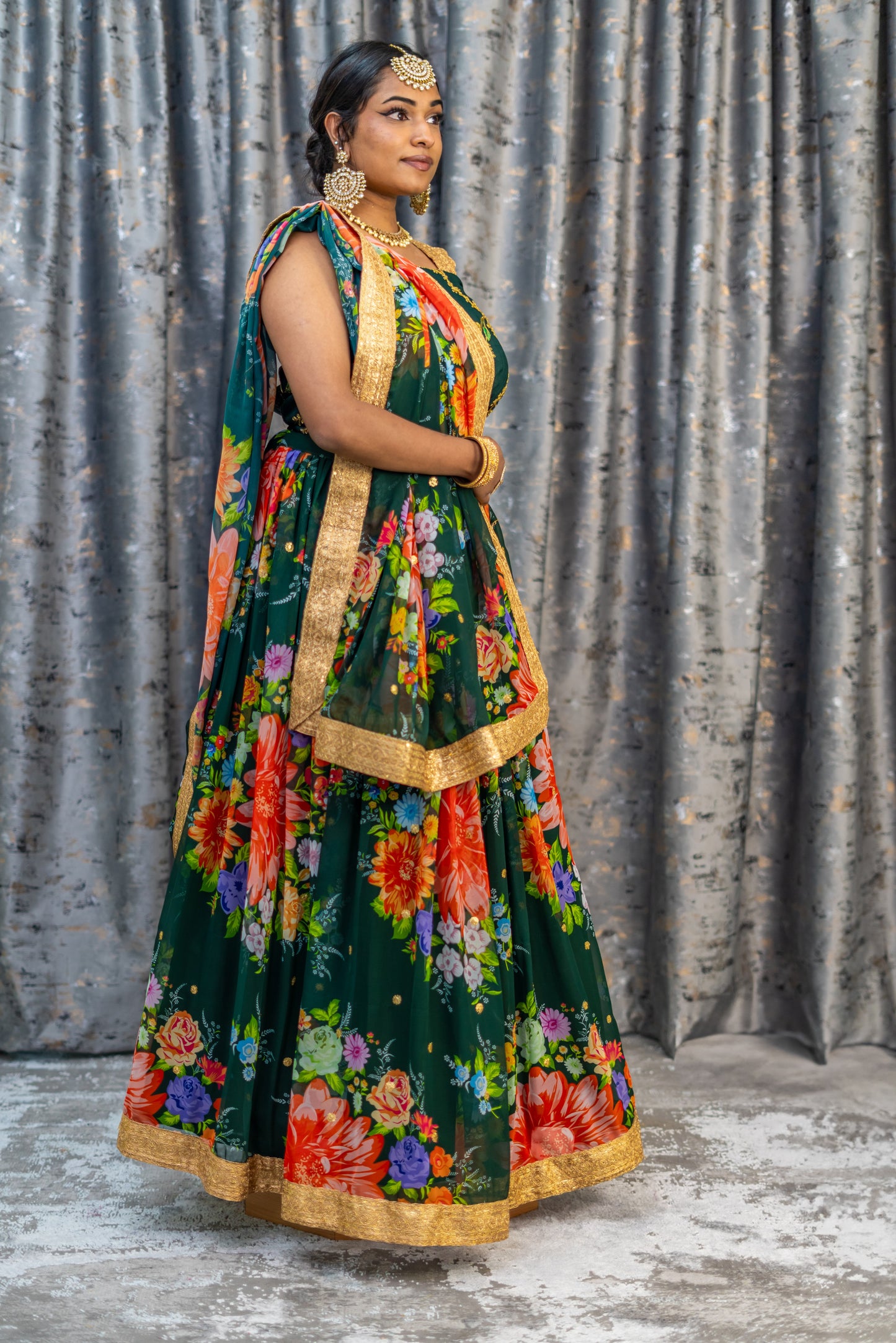 Green Floral Organza Unstitched Lehenga Set
