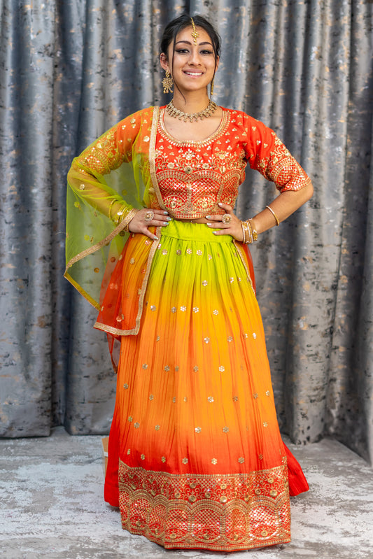 Ombre Greenn & Orange Lehenga Set