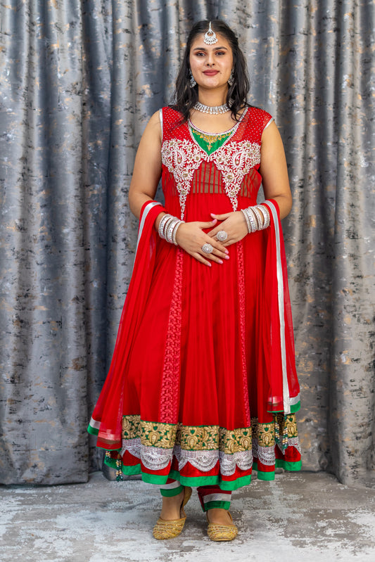Red Net Punjabi Set With Swarovski Stone Work