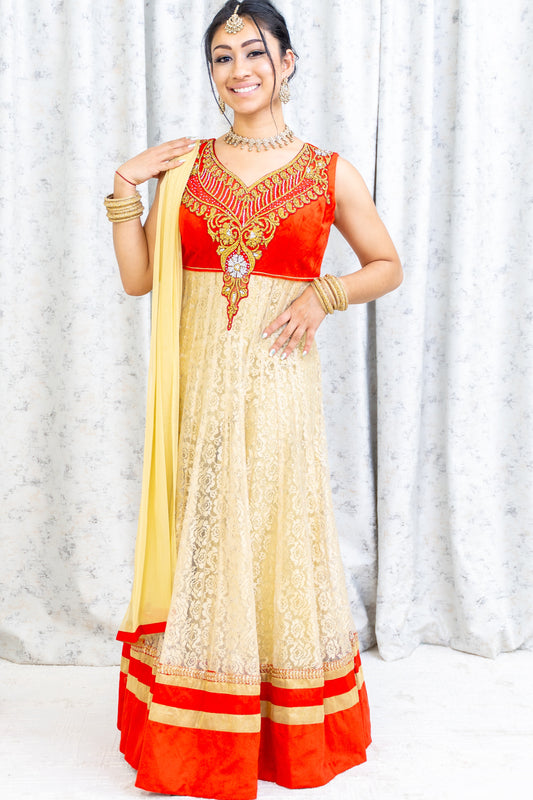 Cream Net Punjabi Set with Gold Swarovski Stone Work