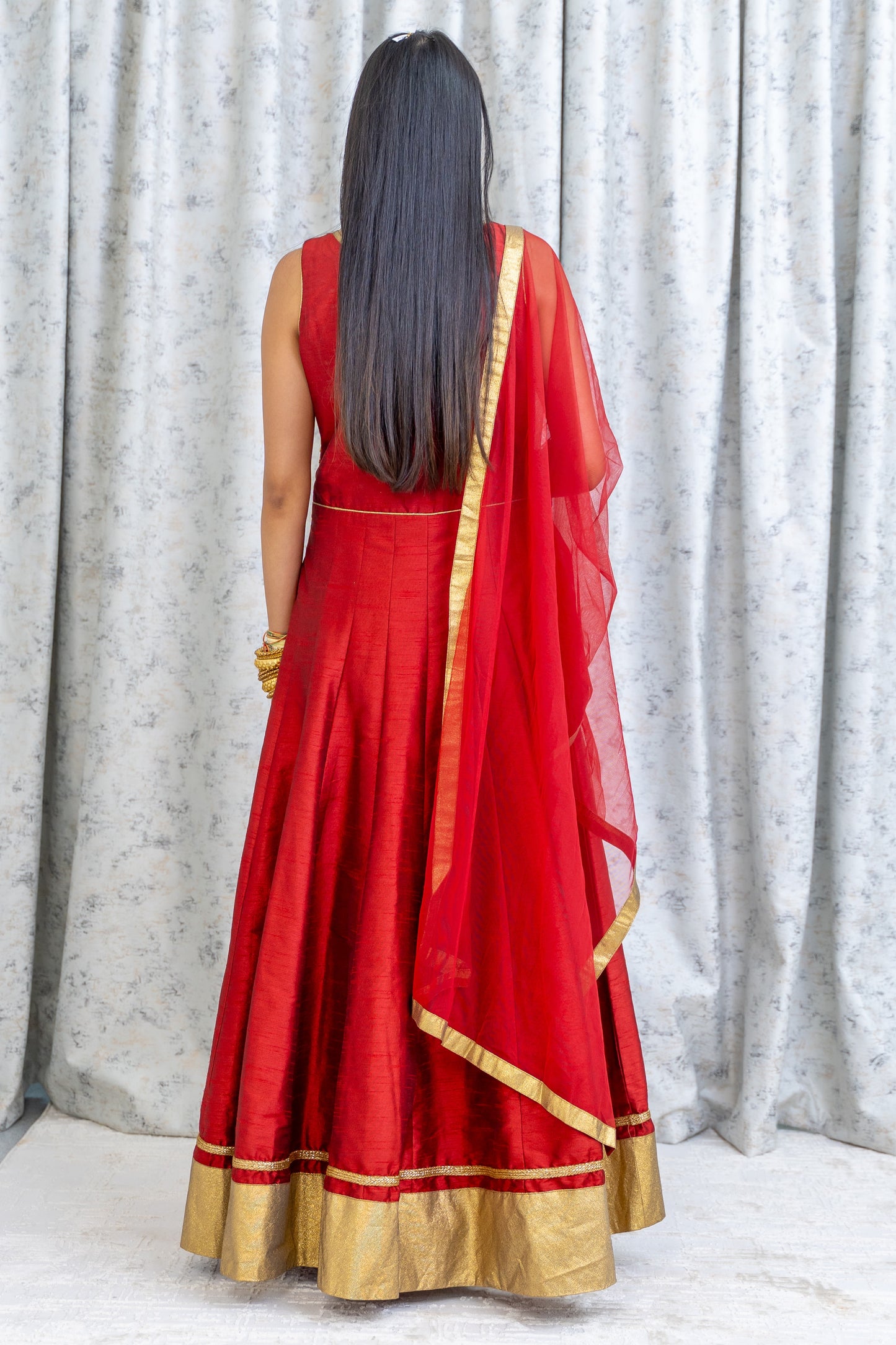 Deep Red Chinon Silk Punjabi Set with Swarovski Stone Work