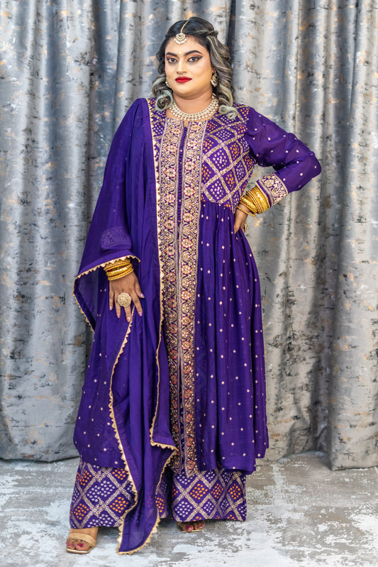 Purple Bandhani Punjabi Set with Zari Work