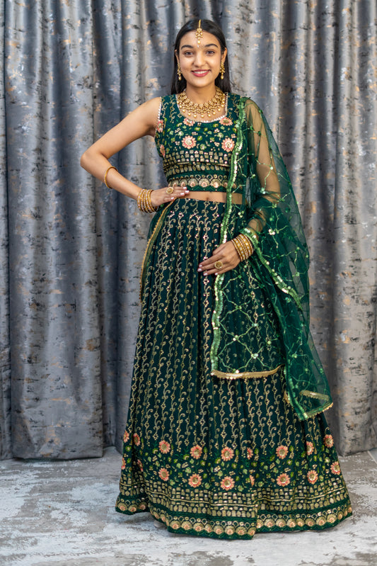 Green Chiffon Lehenga with Floral Embroidery