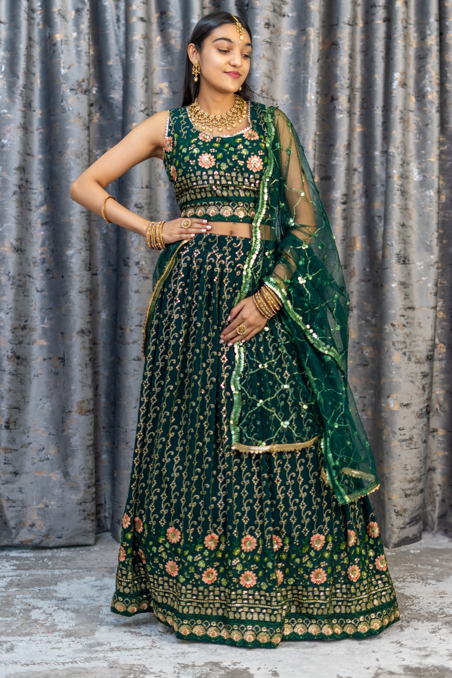Green Chiffon Lehenga with Floral Embroidery