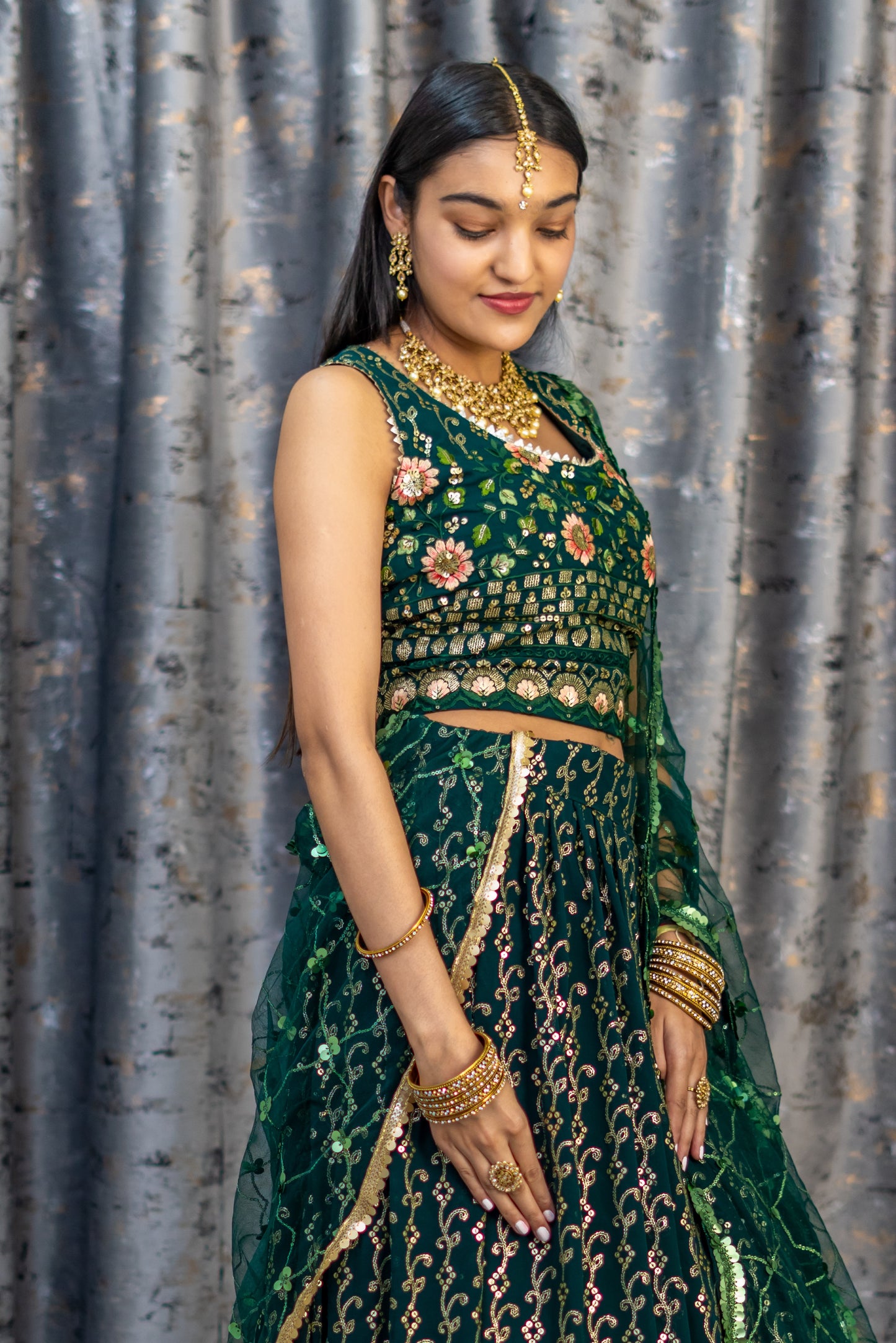 Green Chiffon Lehenga with Floral Embroidery