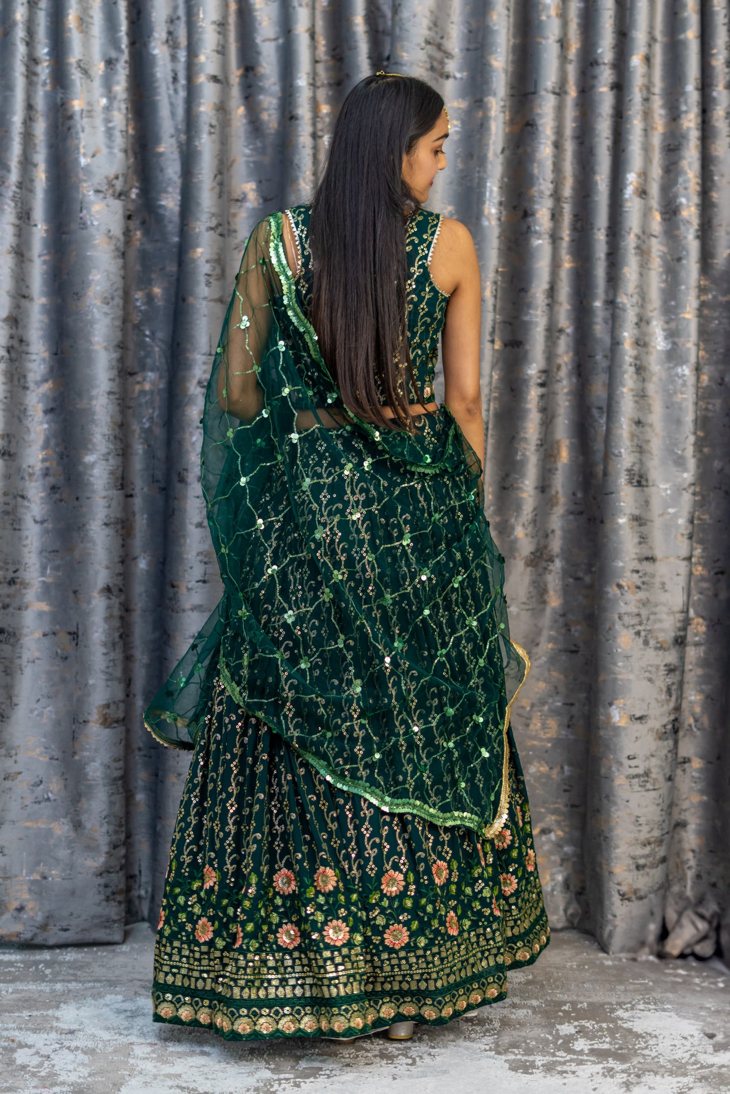 Green Chiffon Lehenga with Floral Embroidery