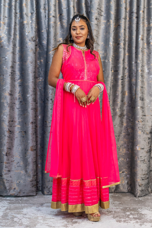Pink Net Punjabi With Ablah Work