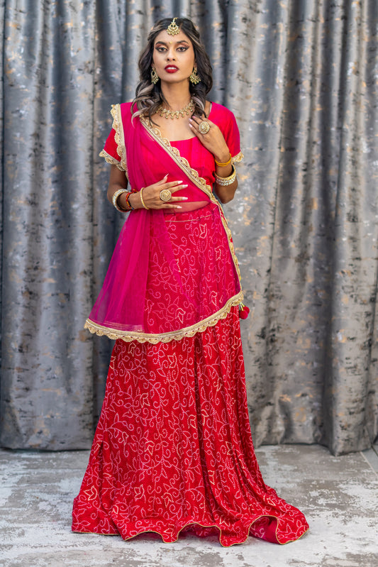 Pink Chiffon Bandhani Printed Lehenga Set
