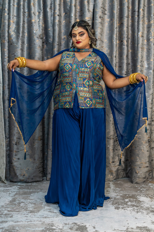 Royal Blue Brocade & Chinon Silk Punjabi Set