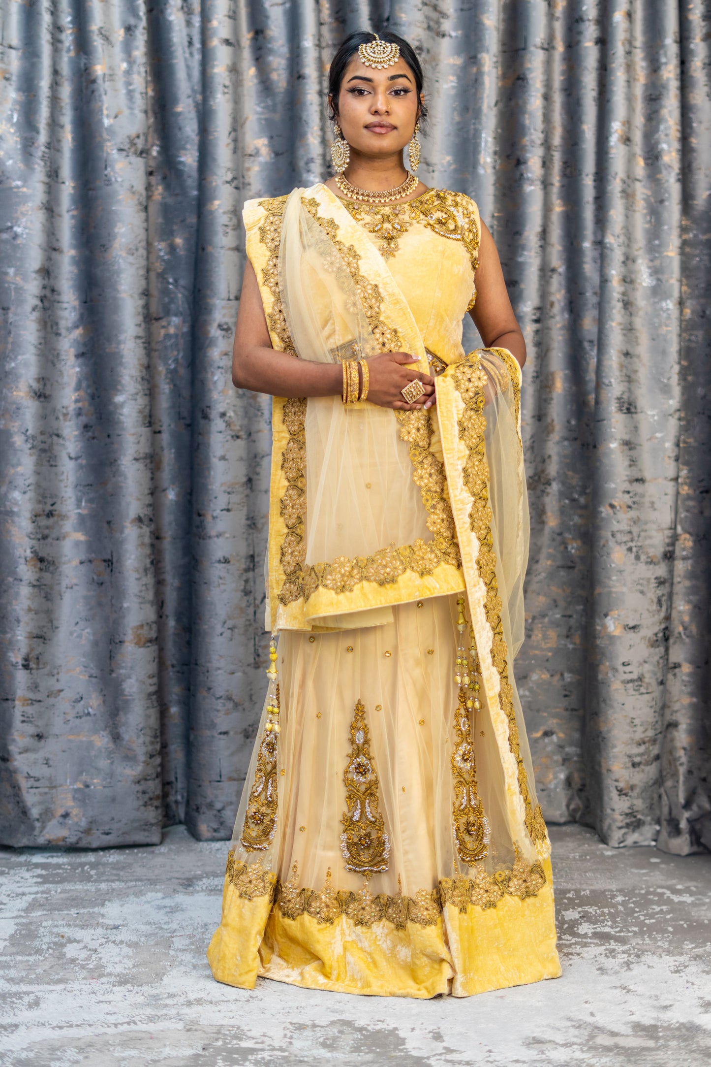 Cream with Gold Net Lehenga Set wit Swarovski Stone Work
