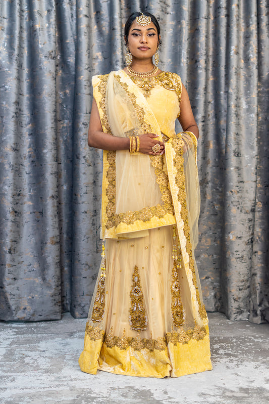 Cream with Gold Net Lehenga Set wit Swarovski Stone Work