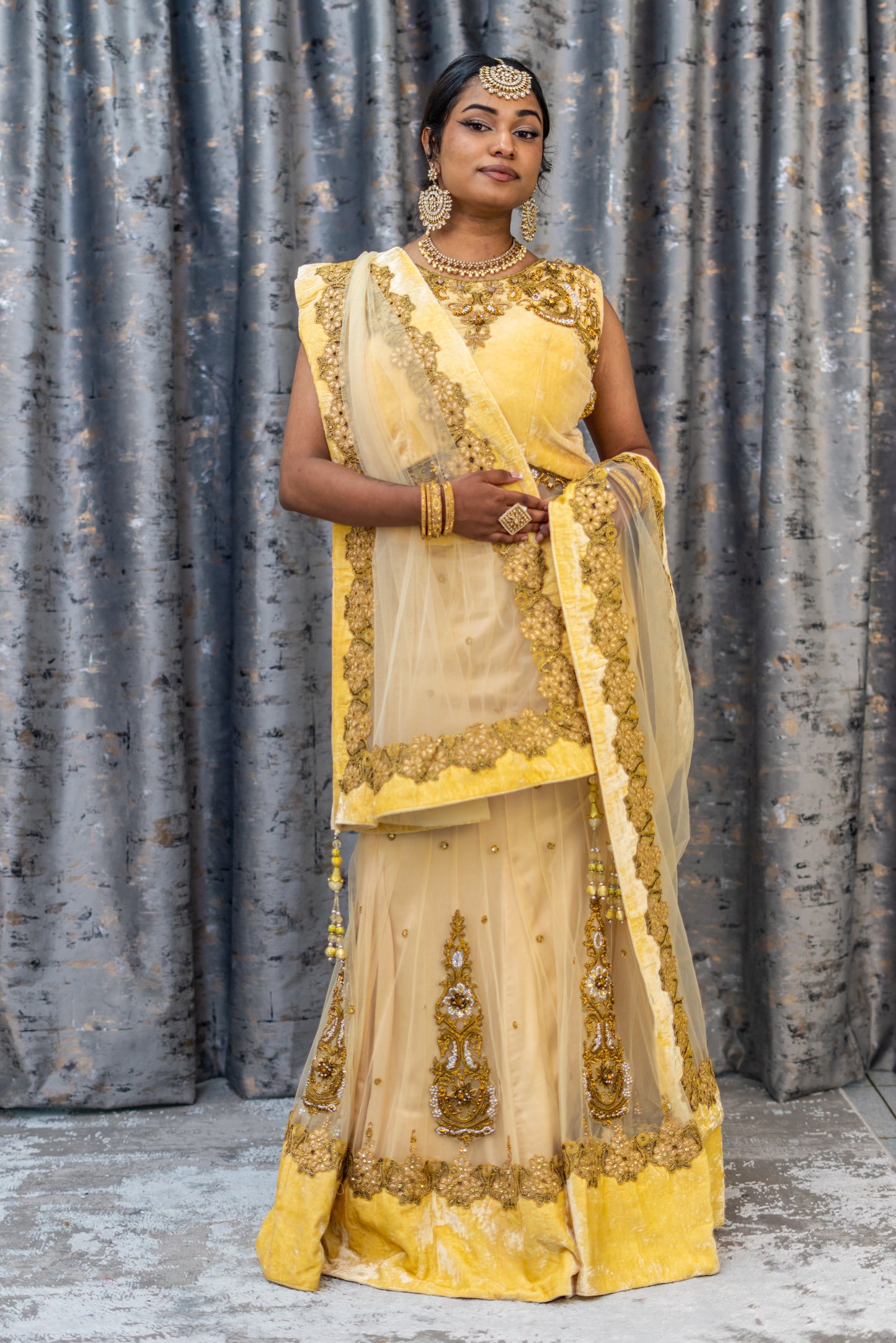 Cream with Gold Net Lehenga Set wit Swarovski Stone Work