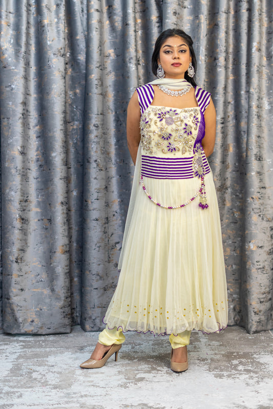 Off White & Purple Punjabi Set with Swarovski Stone Work