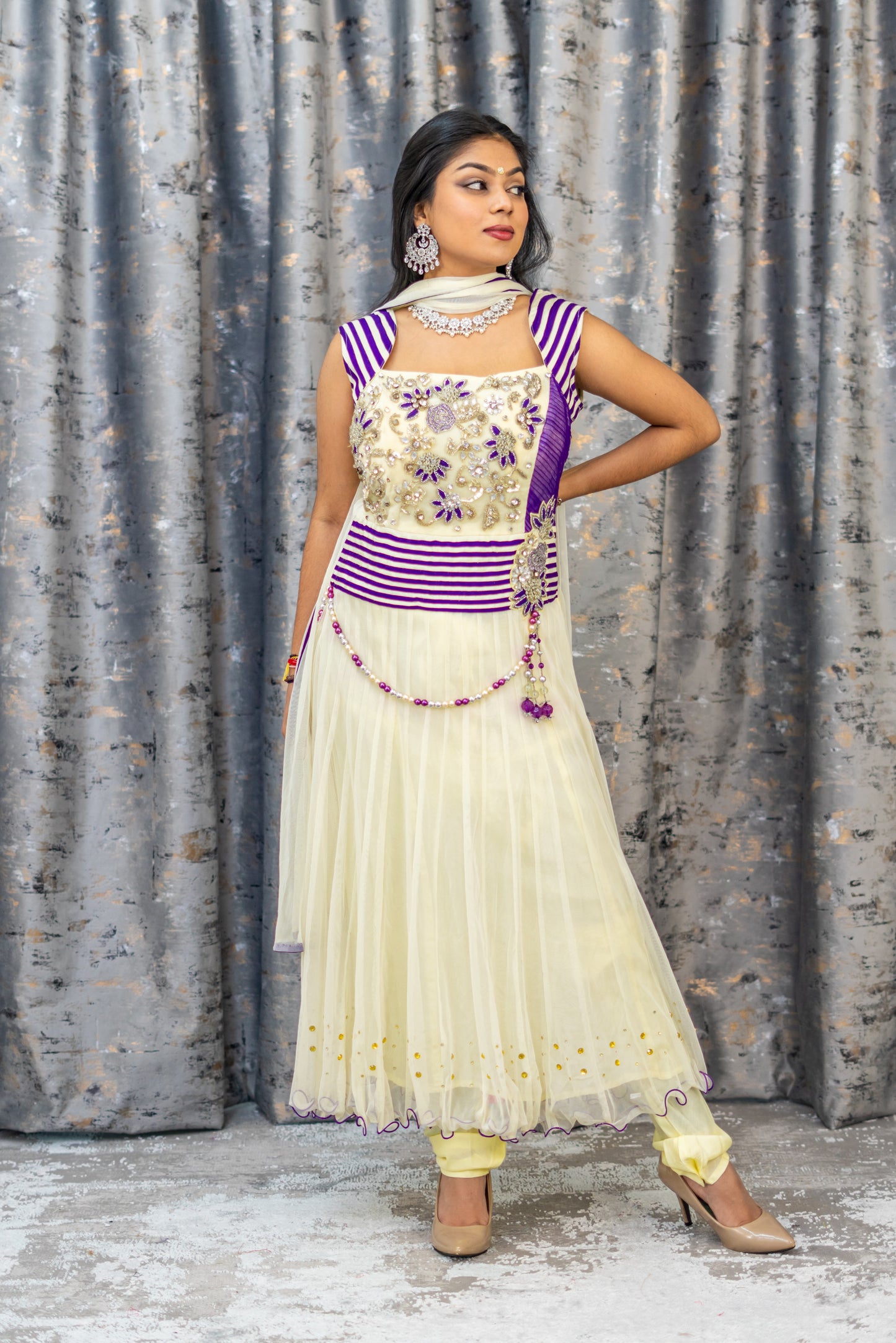 Off White & Purple Punjabi Set with Swarovski Stone Work