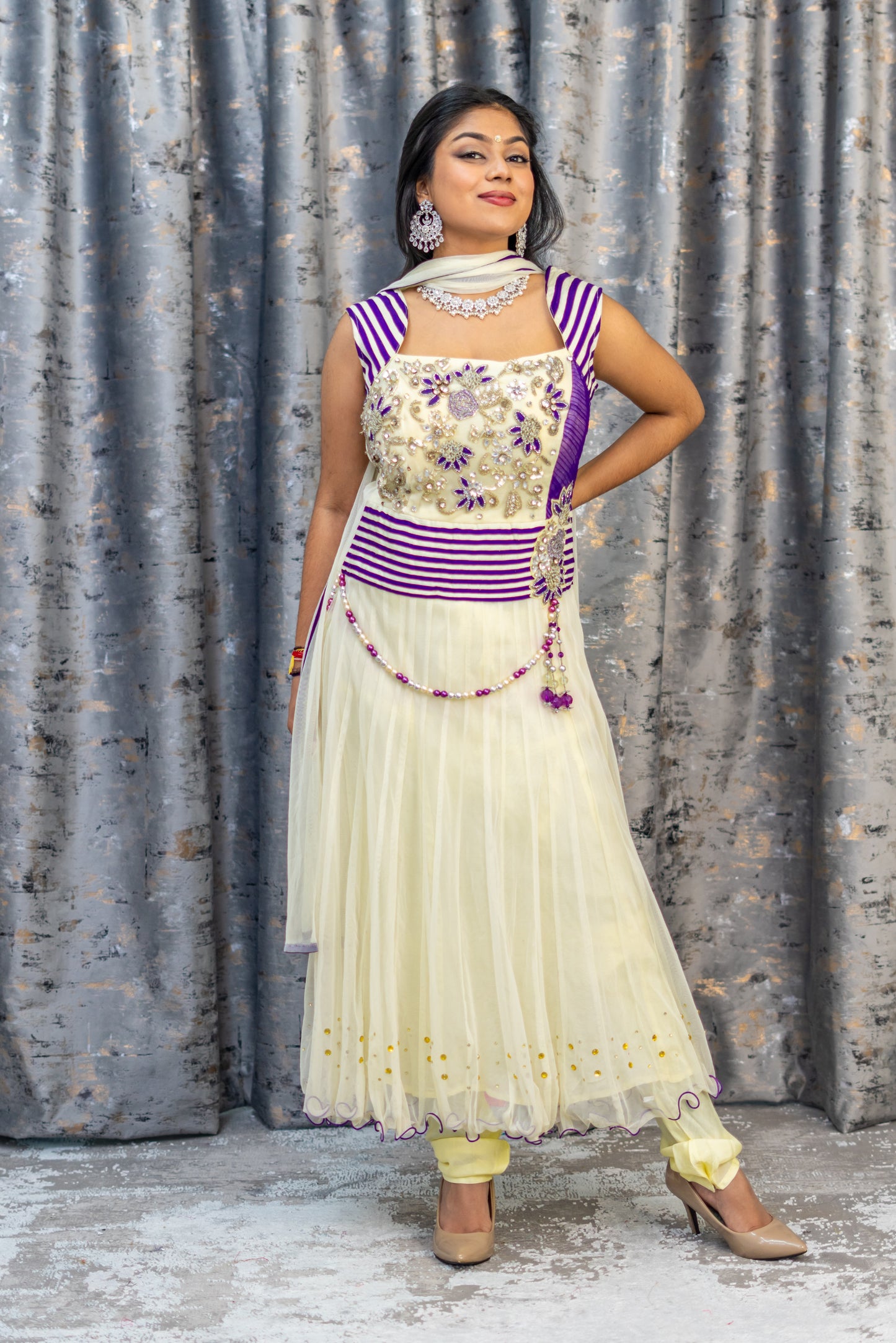 Off White & Purple Punjabi Set with Swarovski Stone Work