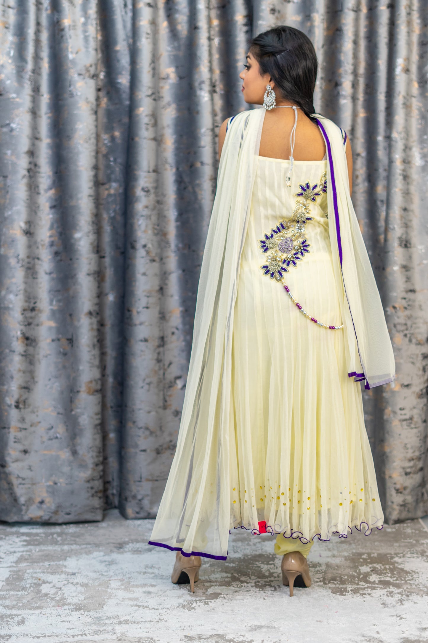 Off White & Purple Punjabi Set with Swarovski Stone Work