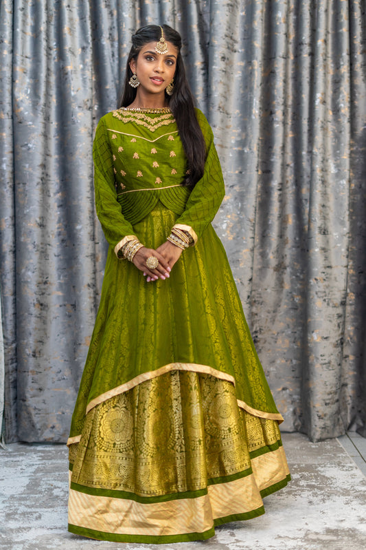 Mehndi Green Brocade Lehenga Set With Swarovski Stone Work