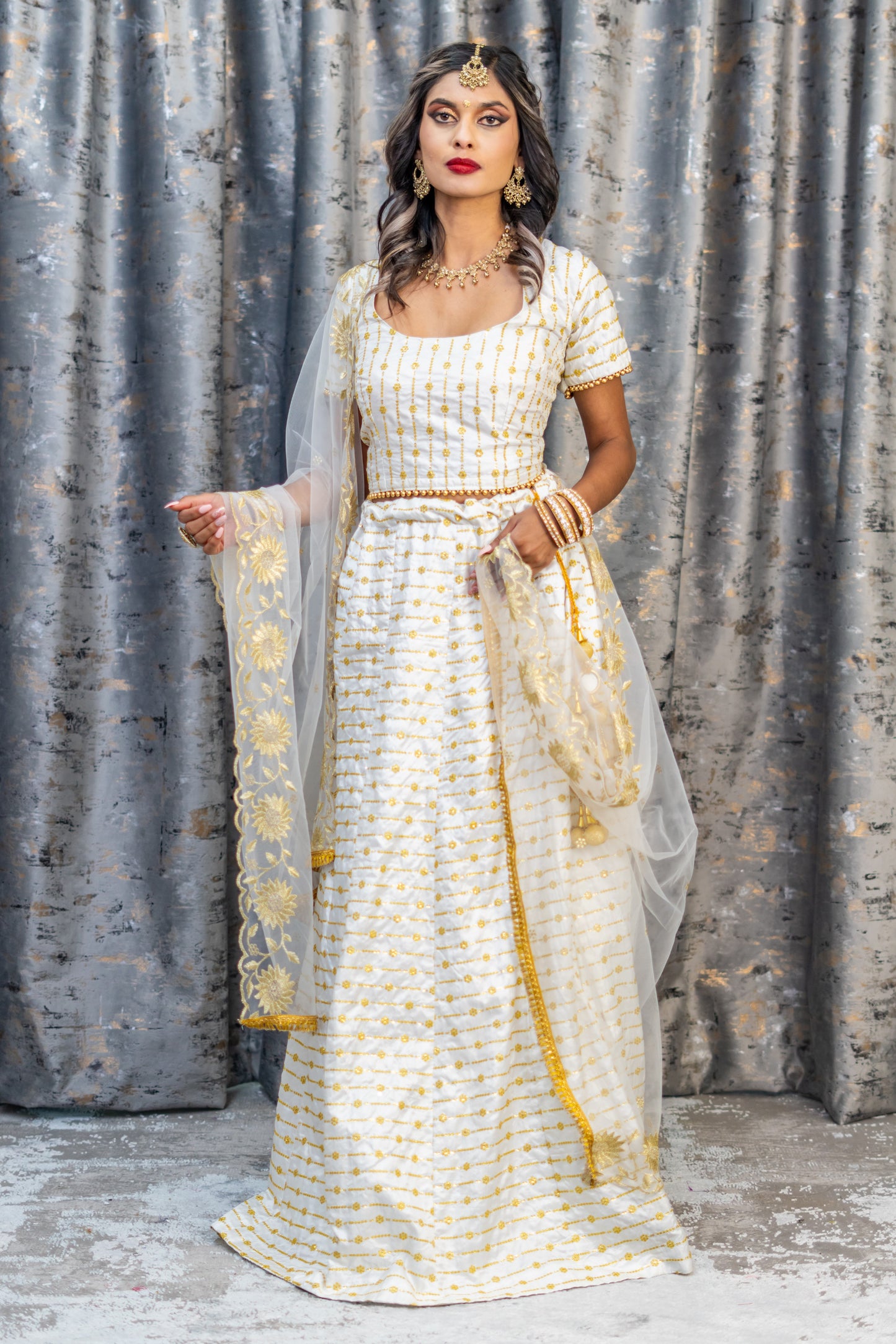 White Cotton Raw Silk Lehenga Set with Embroidery