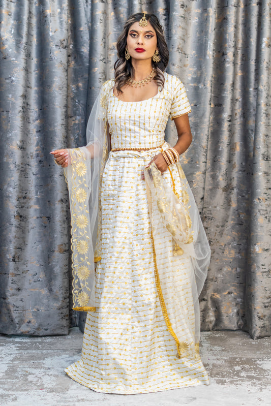 White Cotton Raw Silk Lehenga Set with Embroidery