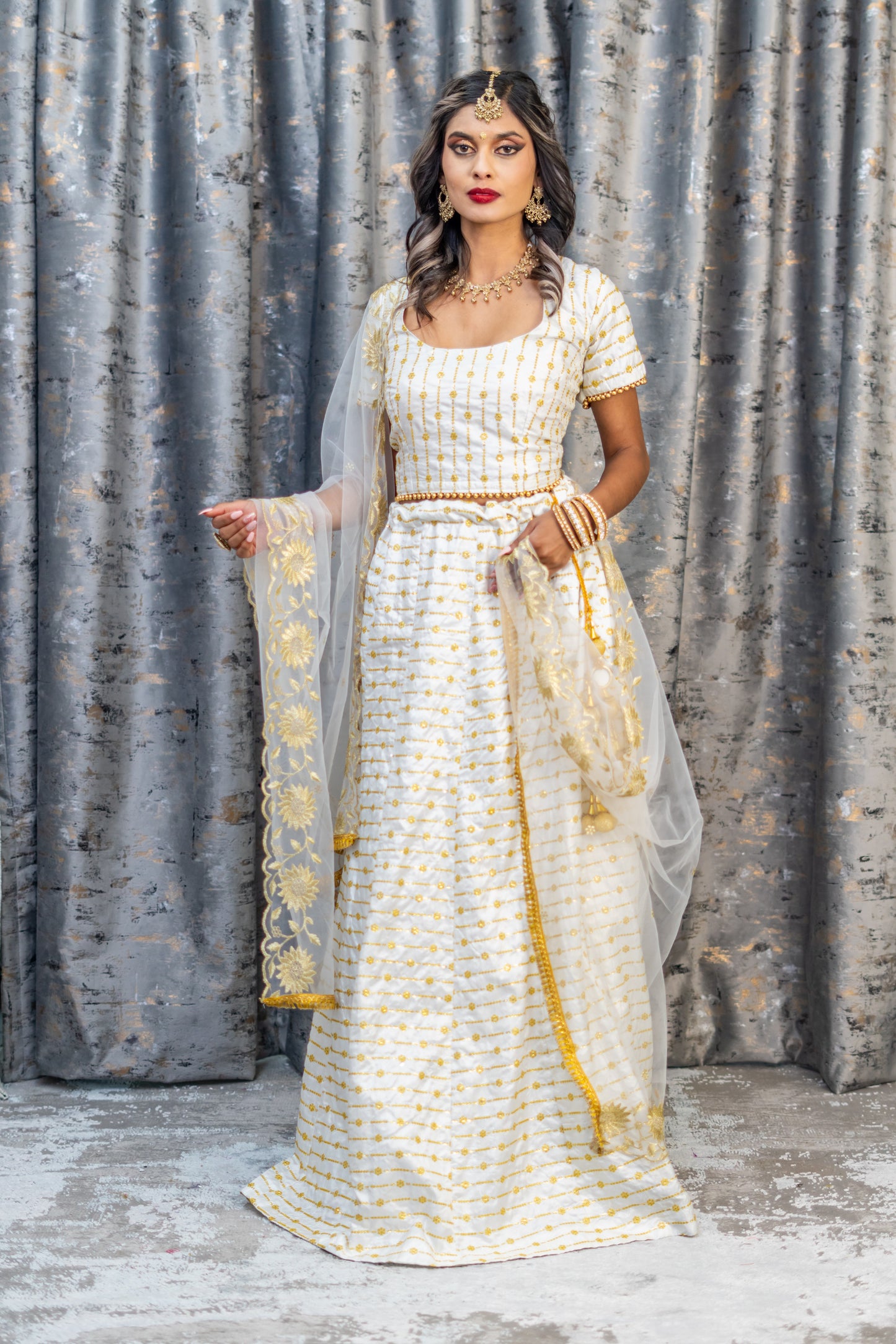 White Cotton Raw Silk Lehenga Set with Embroidery