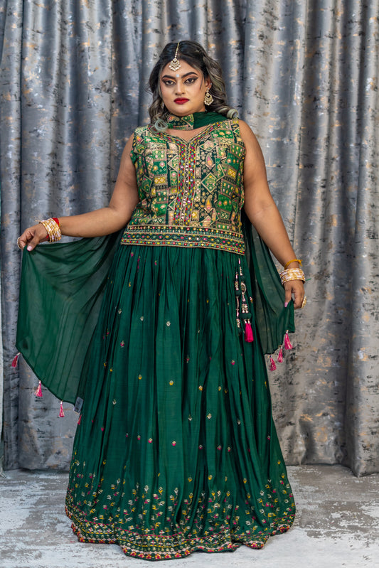 Green Chiffon Lehenga Set with Brocade Long Blouse