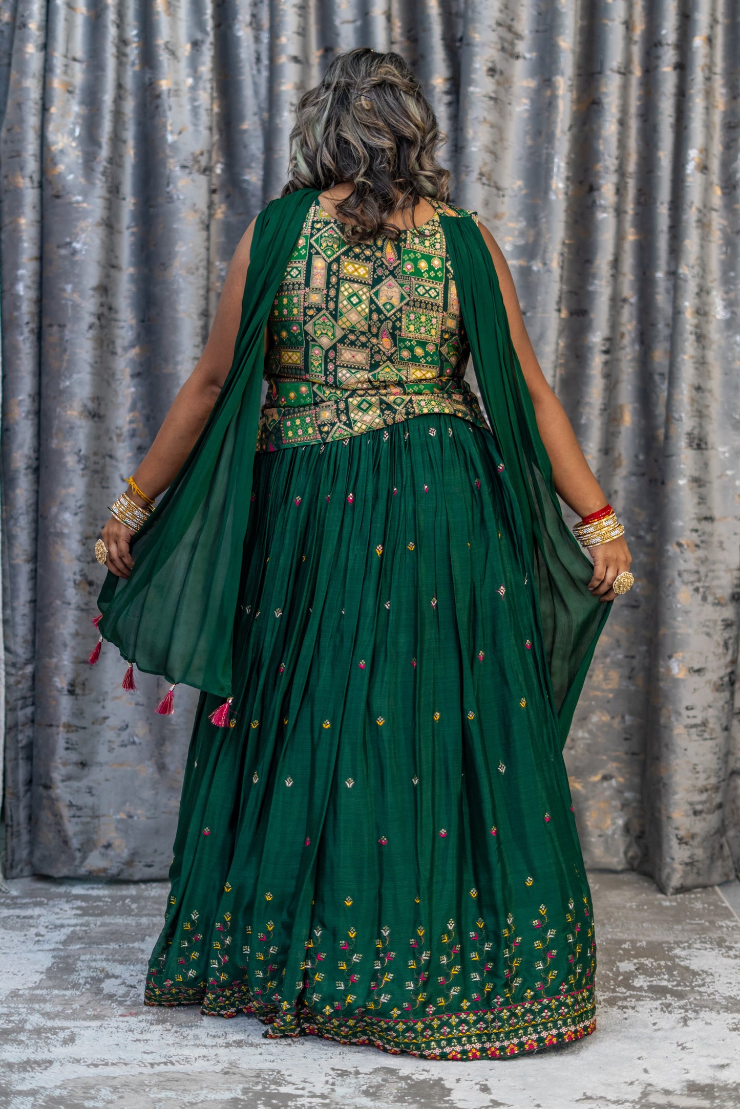 Green Chiffon Lehenga Set with Brocade Long Blouse