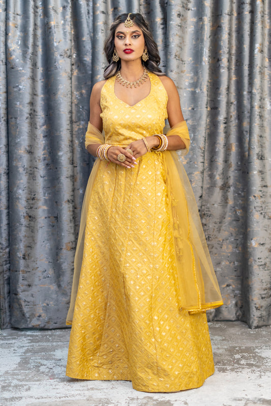 Yellow Cotton Lehenga Set with Embroidery