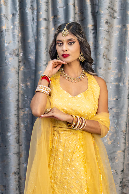 Yellow Cotton Lehenga Set with Embroidery