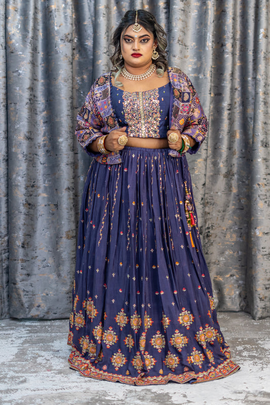 Purple Chiffon Punjabi Set with Brocade Jacket and Embroidery Work