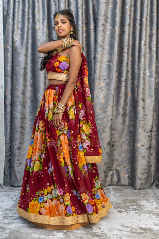 Maroon Floral Organza Unstitched Lehenga Set