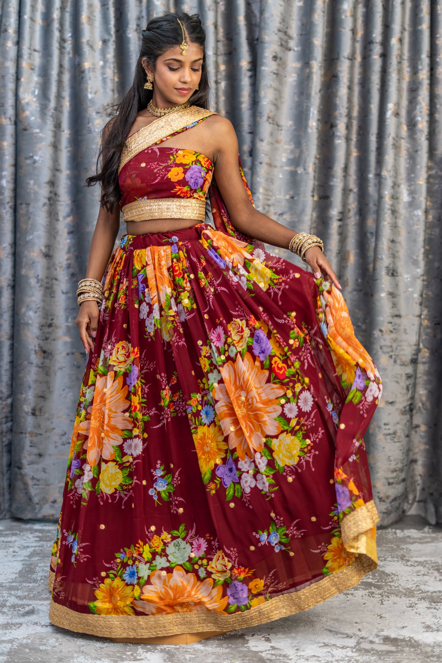 Maroon Floral Organza Unstitched Lehenga Set