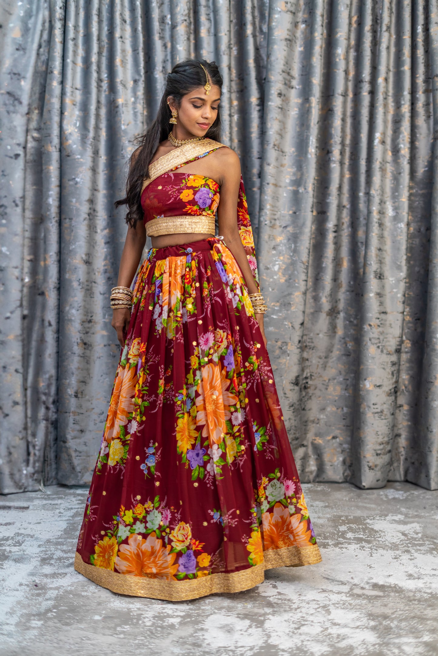 Maroon Floral Organza Unstitched Lehenga Set