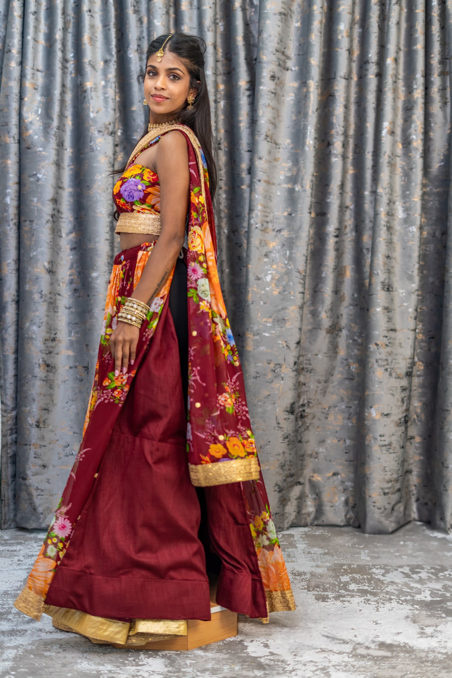 Maroon Floral Organza Unstitched Lehenga Set