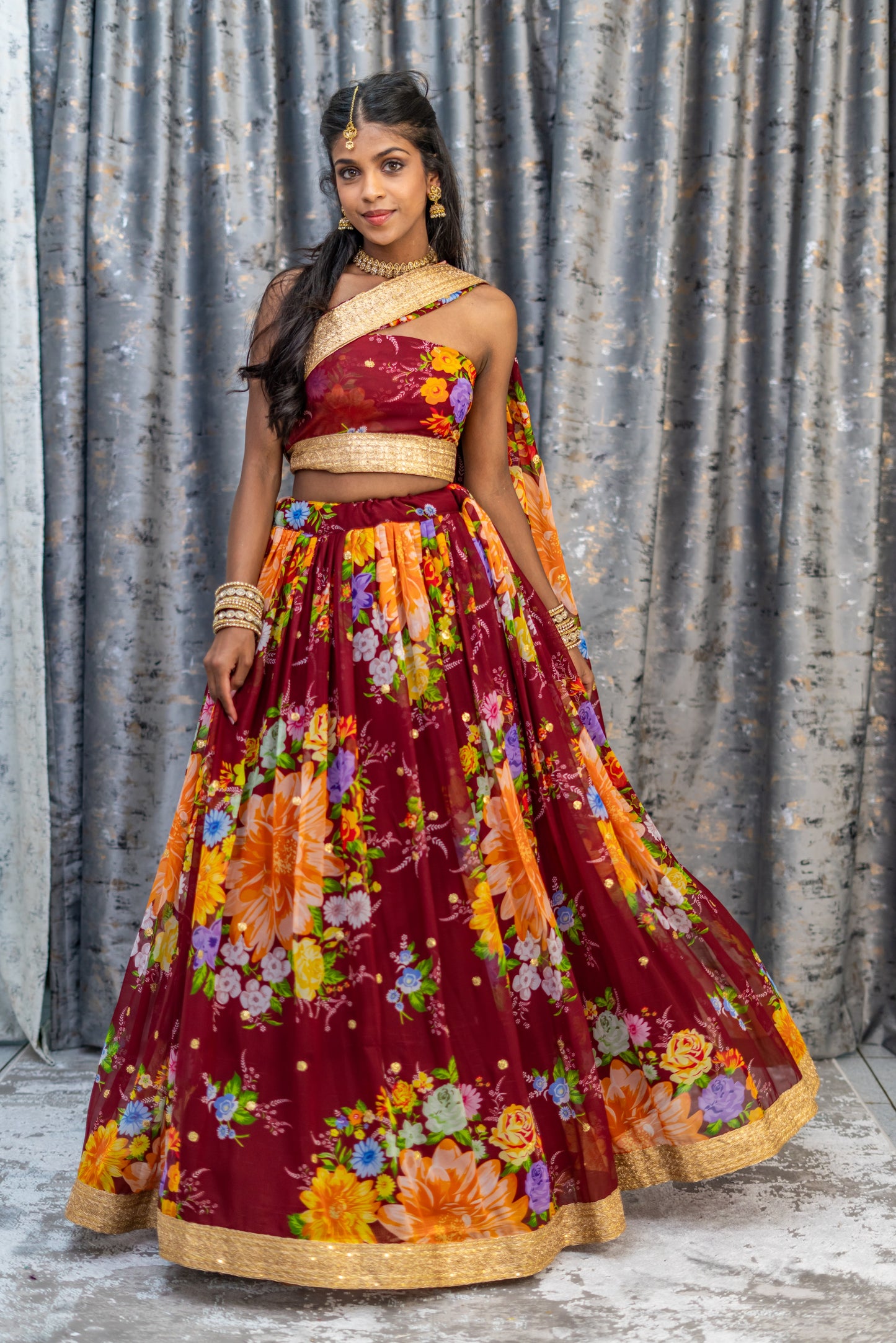 Maroon Floral Organza Unstitched Lehenga Set