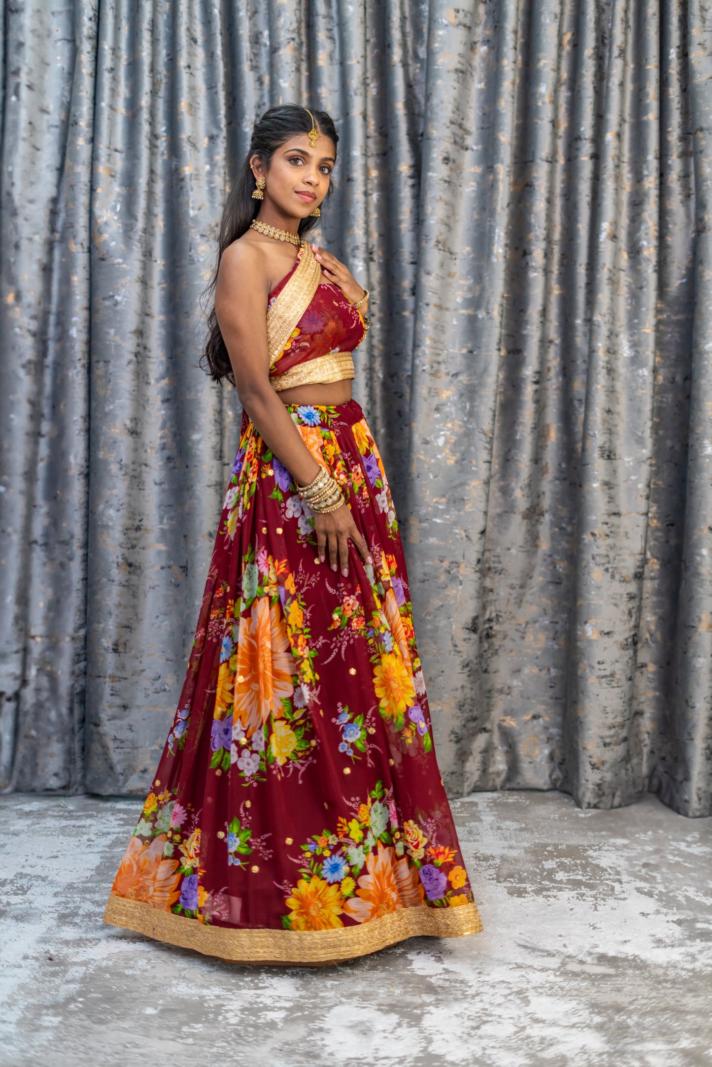 Maroon Floral Organza Unstitched Lehenga Set