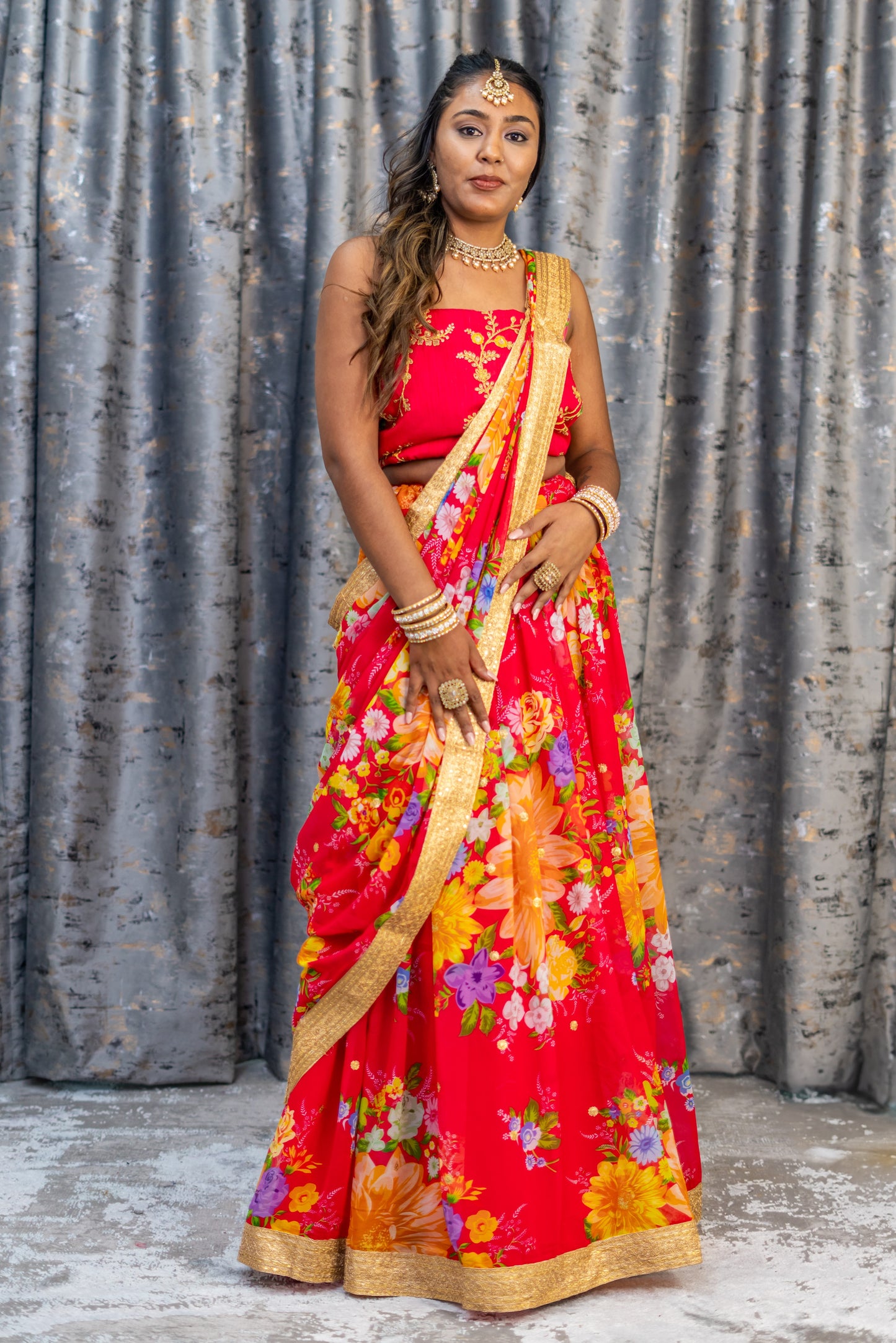 Coral Floral Organza Unstitched Lehenga Set