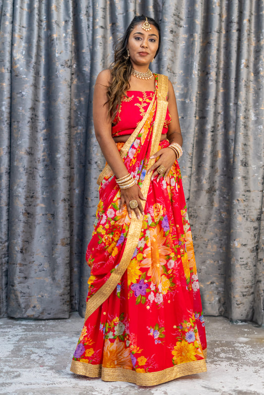 Coral Floral Organza Unstitched Lehenga Set