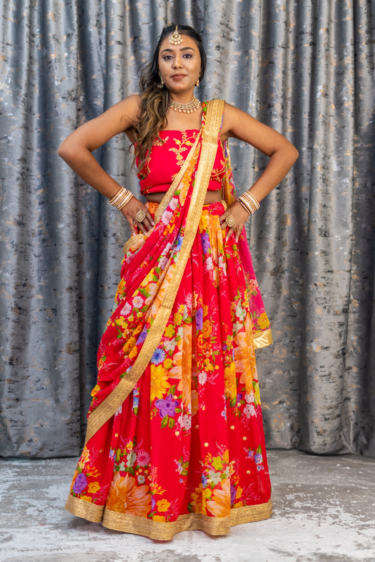 Coral Floral Organza Unstitched Lehenga Set