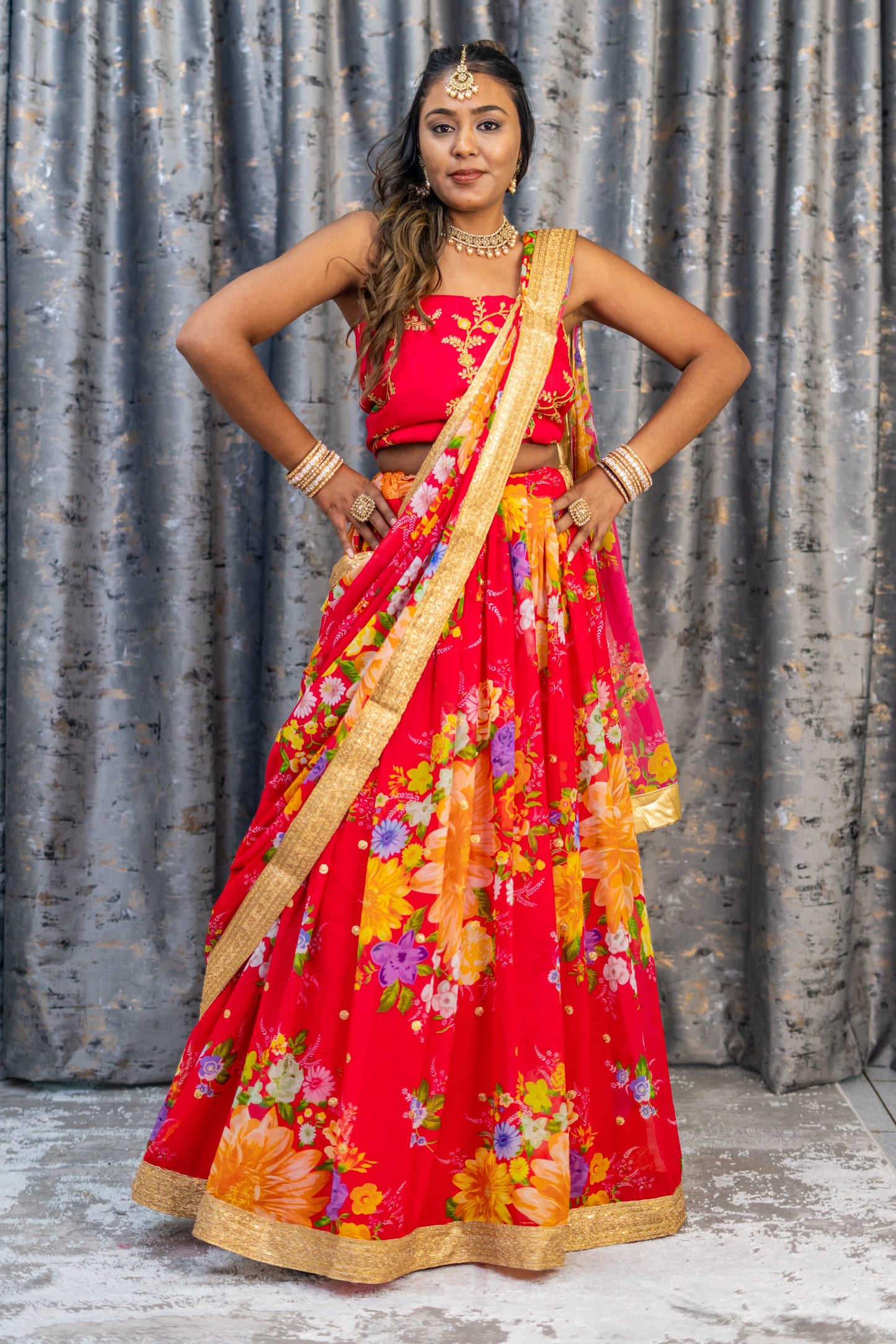 Coral Floral Organza Unstitched Lehenga Set